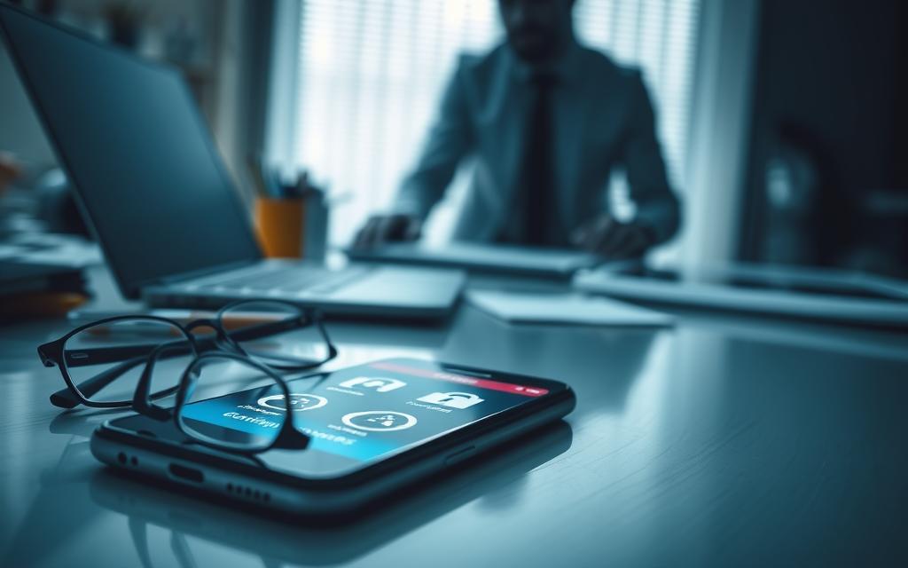 A close-up view of a smartphone displaying a malicious application interface that looks deceptive and enticing, with bright colors that contrast against a dark background. The phone's screen is illuminated, revealing ominous symbols like warning signs and broken locks. In the foreground, the phone rests on a clean desk beside a pair of professional glasses, indicating a business environment. The middle ground features a blurred laptop and cluttered office supplies, hinting at a busy workspace. The background portrays a shadowy figure lurking, suggesting a sense of intrusion and threat. Soft, dim lighting enhances the atmosphere of caution and unease, while focusing on the details of the phone and its alarming content. The image should invoke a feeling of concern and vigilance.