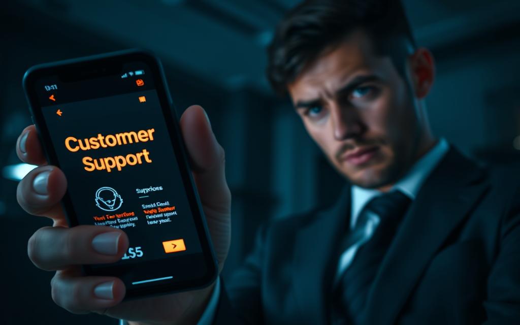 A close-up view of a smartphone displaying a suspicious app labeled "Customer Support." The screen glows ominously, with a series of warning signs and an imagery of a padlock indicating potential threats. In the foreground, a concerned business professional, dressed in a smart suit, gazes at the phone, their expression a mix of confusion and worry. The background features a dimly lit office environment, enhancing the tension of the situation. Soft, moody lighting casts shadows that suggest secrecy and danger. The angle is slightly tilted, emphasizing the unsettling nature of the app and the urgency of the moment. The overall atmosphere is tense and foreboding, highlighting the risks of malicious software through misleading technical support.