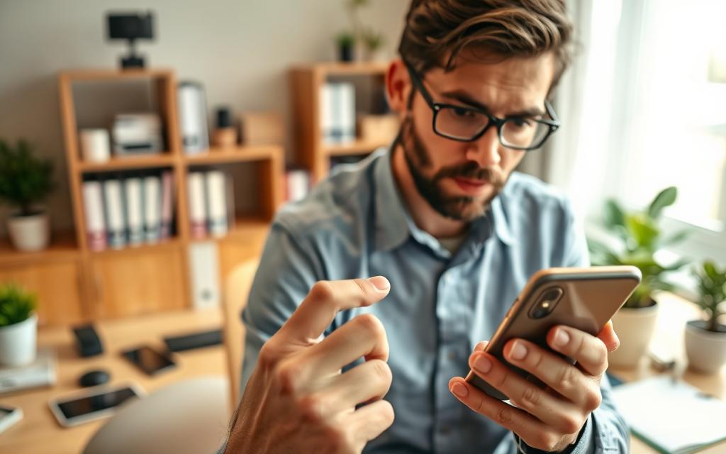 A responsible adult reviewing a smartphone's internet filter and mobile data settings. In the foreground, a focused person wearing smart casual attire is intently examining the mobile screen, with their fingers navigating through the settings menu. The middle of the image includes close-up elements such as app icons and filter options displayed on the phone screen, showcasing a user-friendly interface. The background features a well-lit, modern home office environment with a desk filled with tech gadgets, books, and a plant, creating a productive atmosphere. Soft, warm lighting emphasizes the serious yet approachable mood, while a shallow depth of field gently blurs the background, drawing attention to the subject and the phone. The overall composition conveys a sense of diligence and parental guidance.