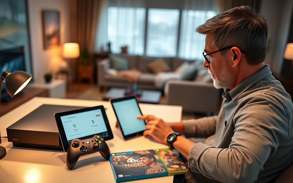 A responsible parent sits at a modern home office desk, focused on a sleek Xbox console. The room is well-lit with warm, inviting lighting emanating from a stylish lamp on the desk. In the foreground, the parent, dressed in modest casual clothing, interacts with a settings screen on a tablet, highlighting game time limits for their children's play. The middle ground features an Xbox controller, an open game case, and a clock showing limited playtime. In the background, a cozy living room setup is visible, hinting at a family space. The atmosphere conveys a sense of care and balance, emphasizing parental guidance in gaming habits. The image should be clear and well-composed, with a slight depth of field effect for focus on the parent and tablet.